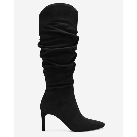 Womens Faux Suede Black Knee High Almond Toe Side Zipper Stiletto Heel Booties - Picture 5 of 6